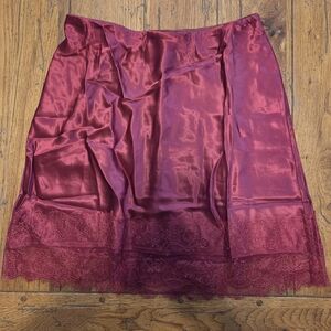 J. Crew Burgundy Satin Skirt with Lace Hem